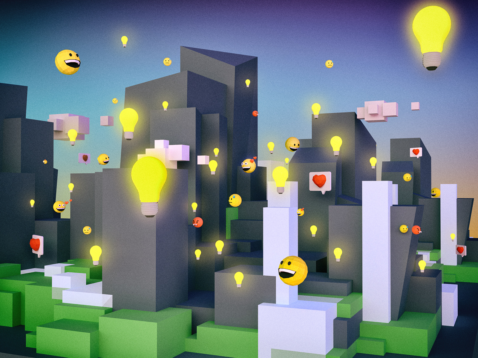 Cartoon like image with a city and smiles